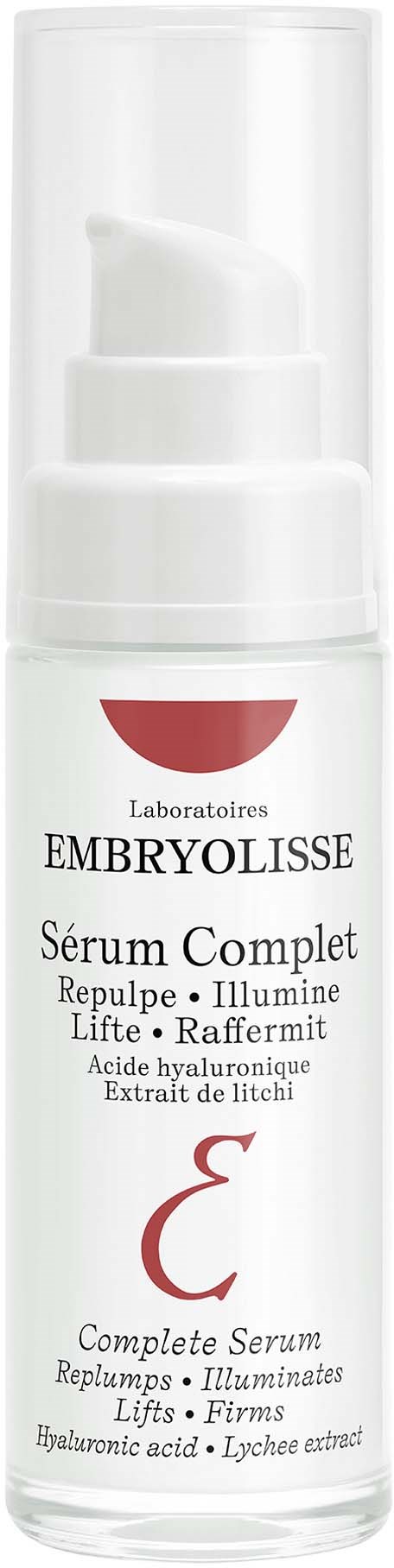 En hvit pumpeflaske merket Embryolisse med en rød halvsirkel, som sier at det er et komplett serum for hudpleie.