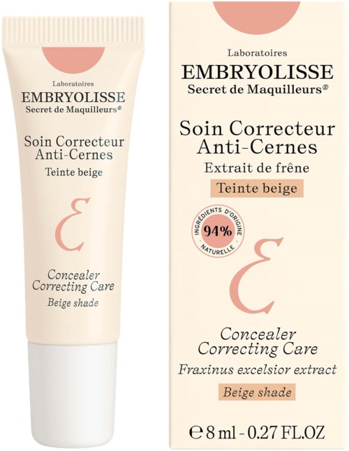Beige tub och förpackning av Embryolisse concealer för mörka ringar, med 94% naturliga ingredienser, 8 ml storlek.