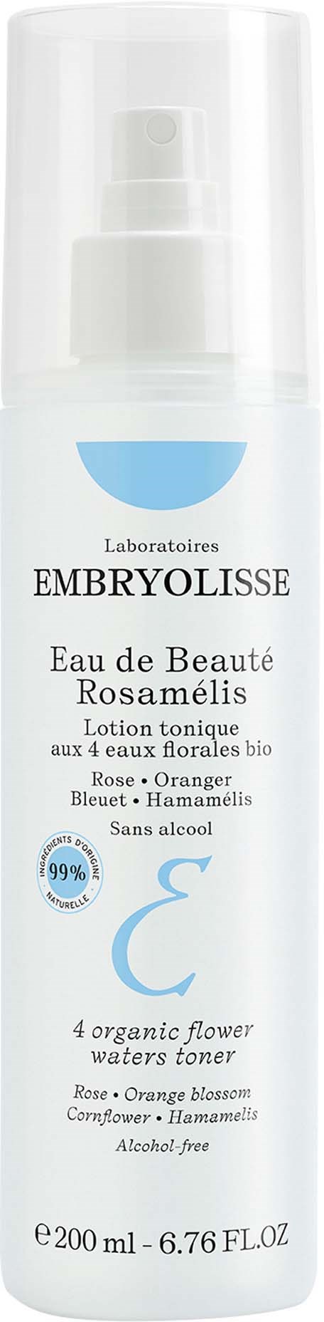 En hvit sprayflaske merket Embryolisse Rose Orange Blossom vannings tonic, alkohol-fri, med blå og svart tekst.