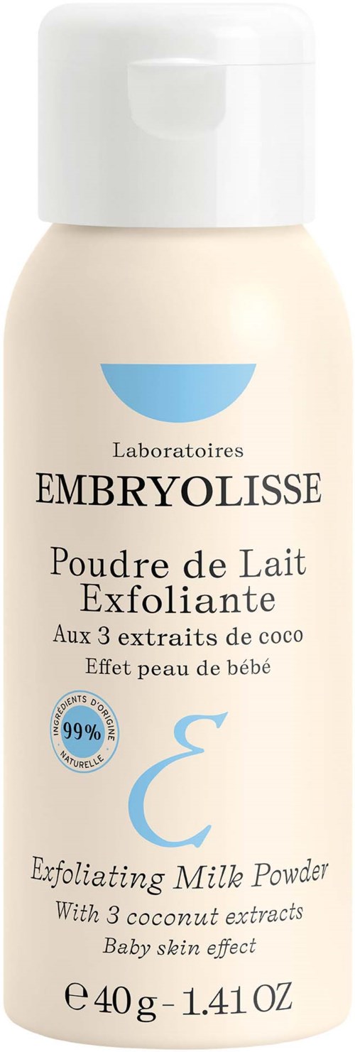 A white bottle of exfoliating milk powder with coconut extracts, designed for baby skin, weighing 40 grams.