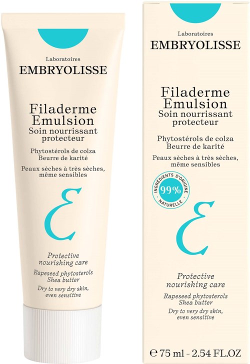 A tube and box of Embryolisse Filaderme Emulsion for sensitive, dry skin with shea butter.