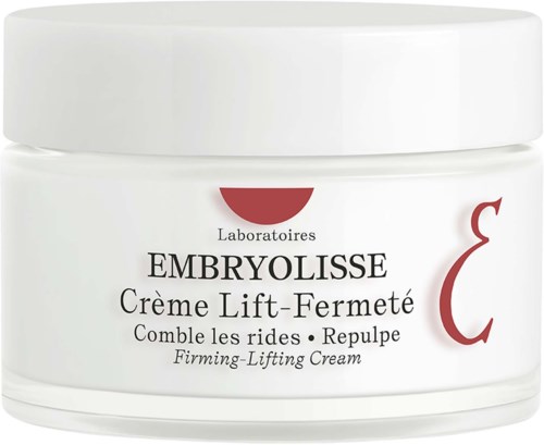 A white jar labeled Embryolisse firming and lifting cream for tightening skin and reducing wrinkles.
