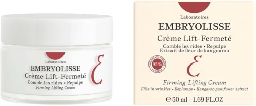 A jar and box of Embryolisse firming and lifting cream for wrinkles and skin elasticity, containing kangaroo paw extract.