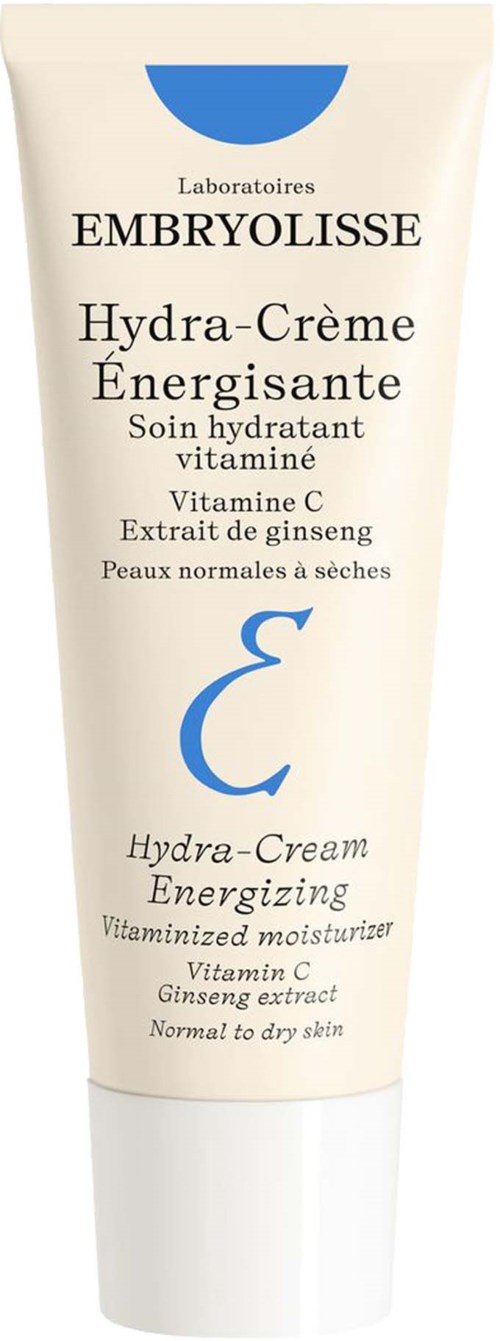 En hvit tube med ansiktskrem med blå og svart tekst, merket som en energigivende, fuktighetsgivende vitamin C-kräm.