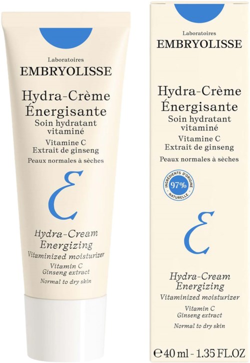 En tube med Hydra-Crème Energizing fuktighetskrem ved siden av esken, begge merket for normal til tørr hud, med oppfriskende blå detaljer.