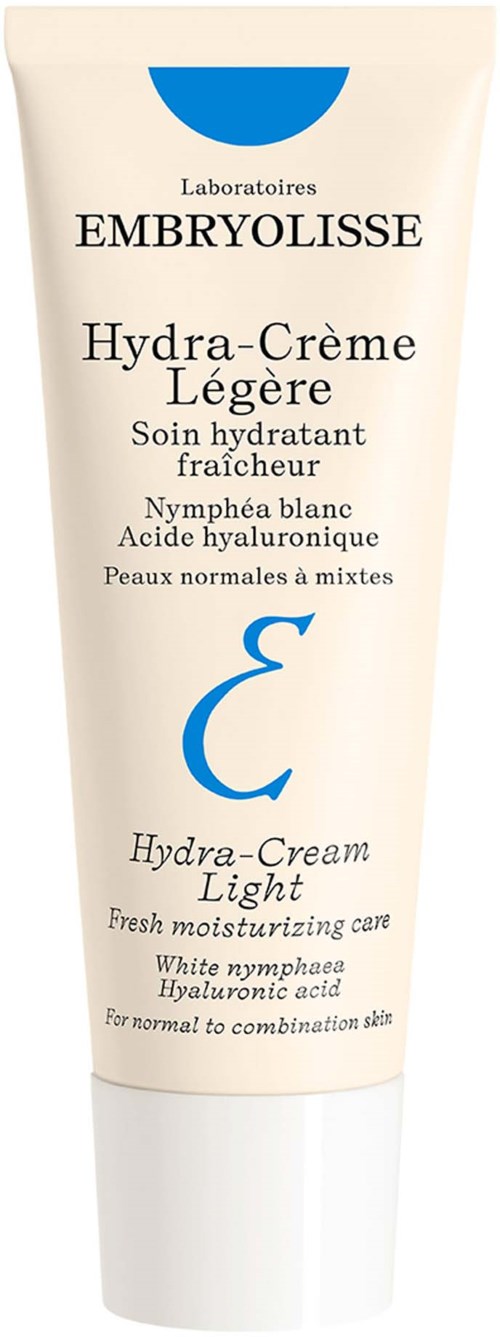 En tube med EMBRYOLISS Hydra-Creme Légère med blå og svart tekst, designet for normal til kombinert hud.