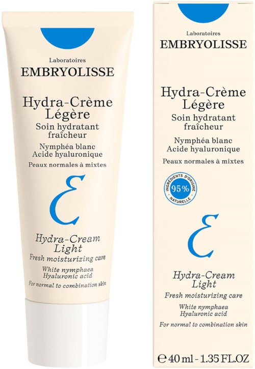 To hudpleieprodukter, en i tube og en i eske, merket for lett Hydra-krème med hyaluronsyre.