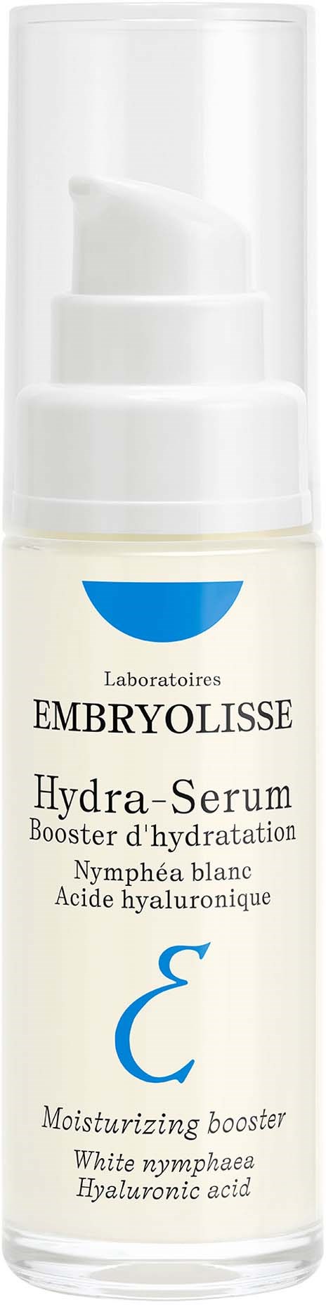 Valkoinen pullo pumppupullolla, label Embryolisse Hydra-Serum, kosteutukseen hyaluronihapolla.