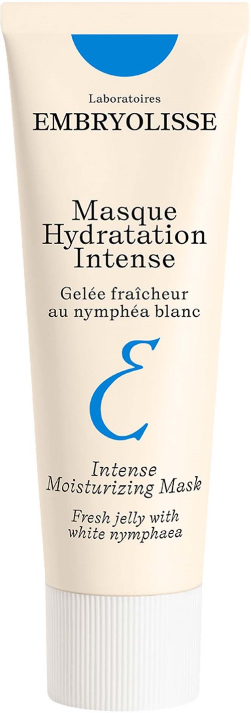 A white tube of moisturizing mask with blue and black text, mentioning jelly, white nymphs, and hydration.