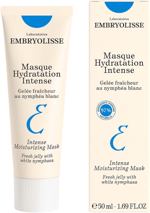 A tube and box of Embryolisse Intense Hydrating Mask with white jelly and white nymphs. 50ml size.