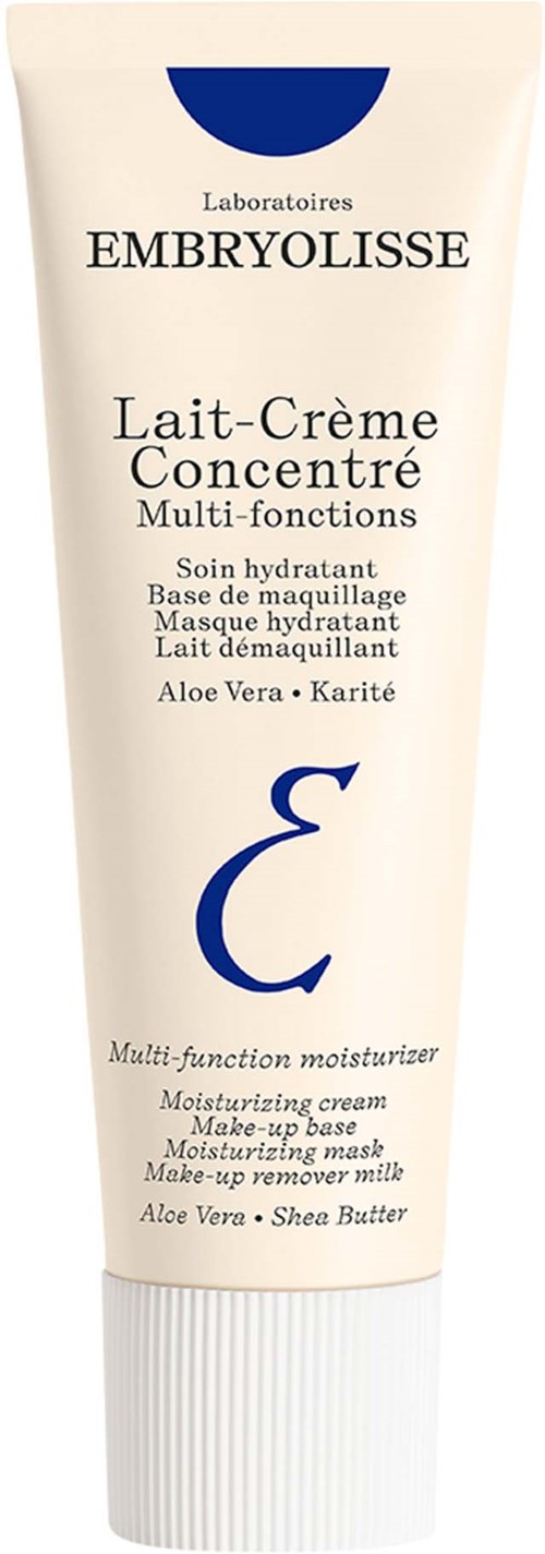 A cream tube labeled Embryolisse with aloe vera and shea butter for hydration and makeup removal.