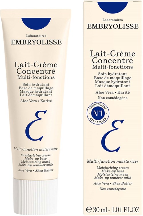 A white tube and box of Embryolisse moisturizer with blue and black text and logo, 30ml capacity.
