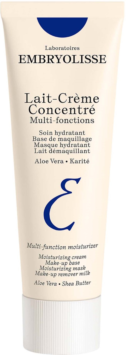 A tube of Embryolisse moisturizer with Aloe Vera and Shea Butter, labeled as multi-function for skin and makeup.
