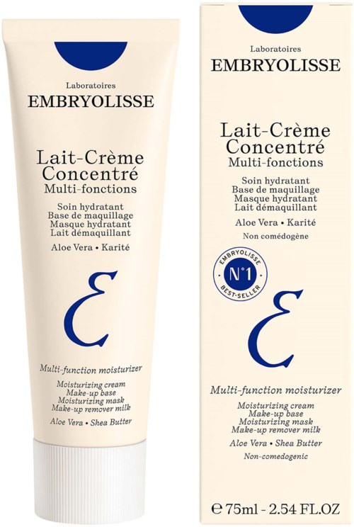 A white tube and box of Embryolisse moisturizer. Text highlights ingredients like aloe vera and shea butter.