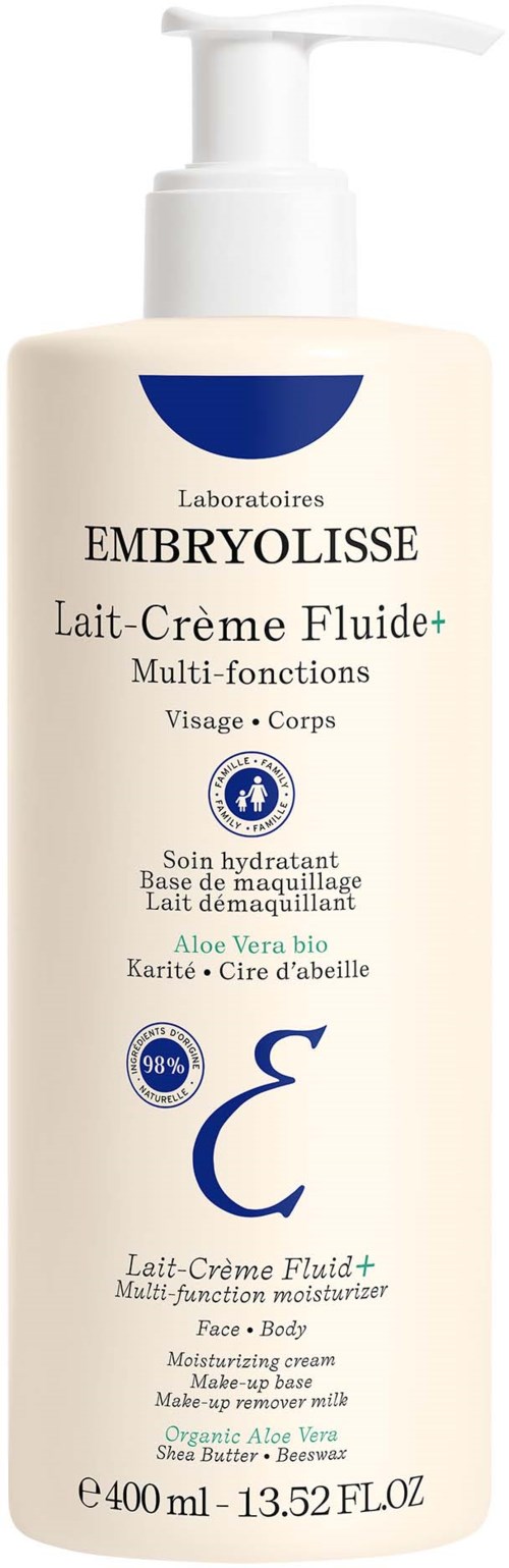 A white bottle with a pump contains Embryolisse moisturizer for face and body, with aloe vera and hydration benefits.