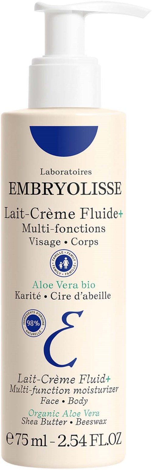 A white bottle with a pump, labeled Embryolisse. It is a moisturizer for face and body with aloe vera.