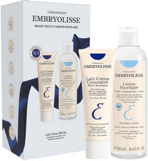 Samling av Embryolisse hudvårdsprodukter inklusive en fuktighetskrämsrör, en micellär lotionflaska och en konisk krämrör.