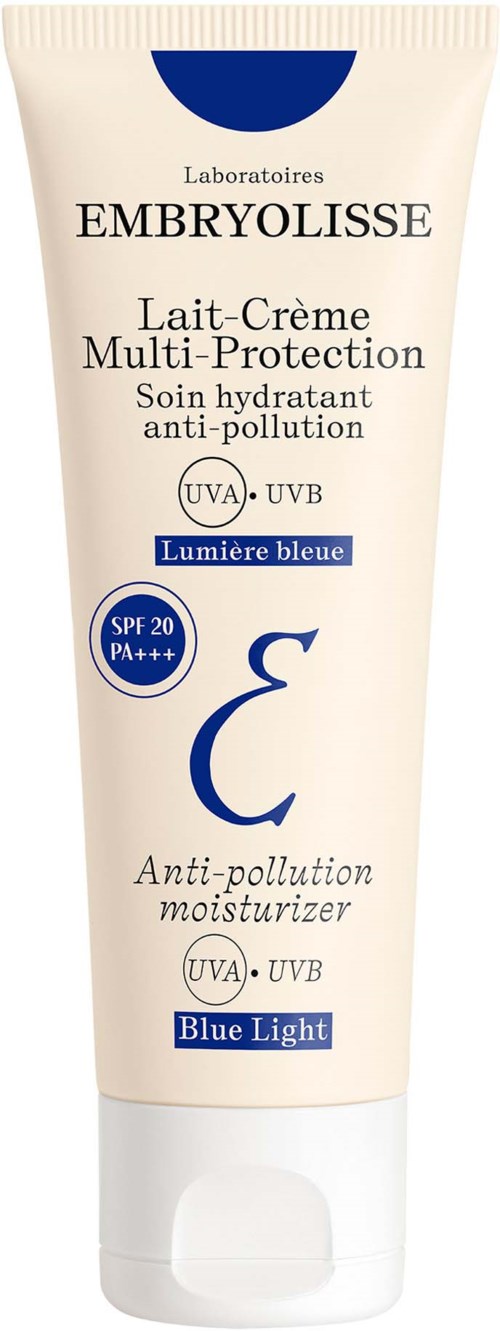 A beige tube of moisturizer with SPF 20, labeled for anti-pollution and blue light protection. The brand is Embryolisse.