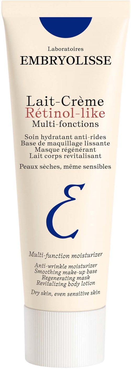 A cream tube labeled Embryolisse, for dry, sensitive skin, with anti-wrinkle and moisturizing features, suitable for vegan use.