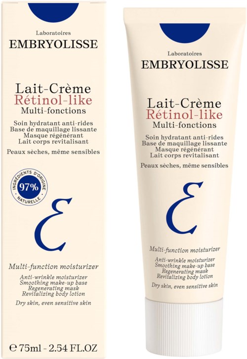 A white tube and box of Embryolisse moisturizer with blue and red text, designed for dry and sensitive skin.