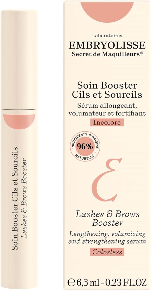 A white tube and a box labeled for eyelash and eyebrow serum, with details about colorless, volumizing, and strengthening benefits.