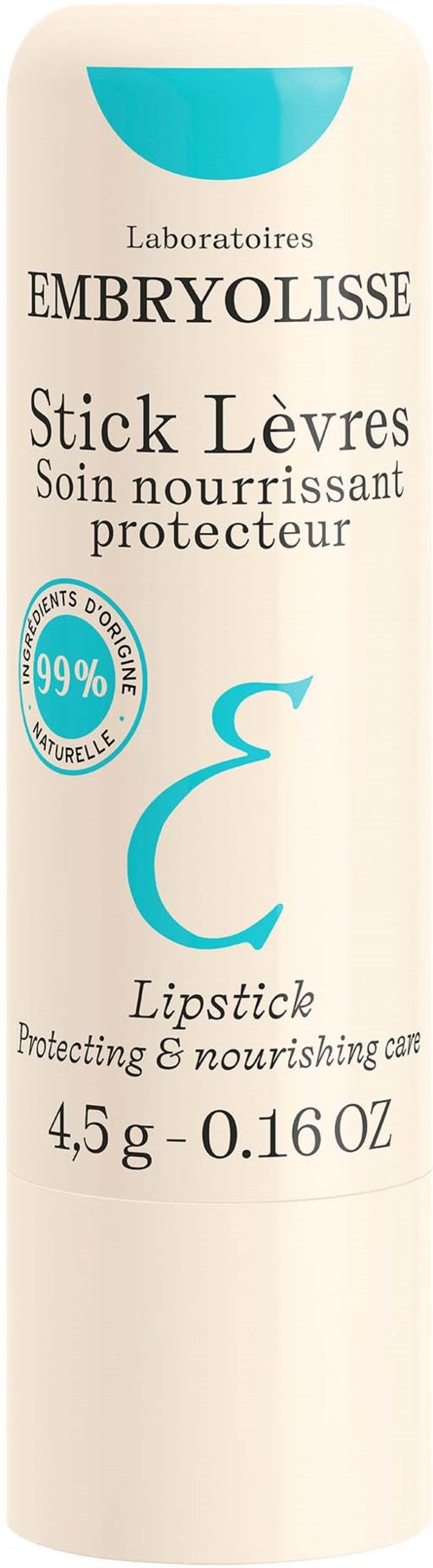 Lip balm tube with French text, blue logo, and 99% natural ingredients. It promotes nourishing and protecting lips.