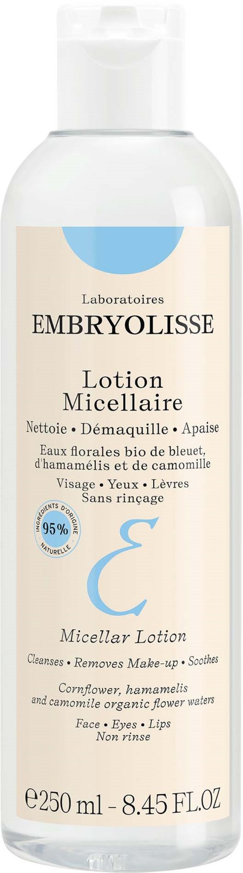 En hvit flaske med Embryolisse Micellar Lotion, brukt til å rense ansikt, øyne, lepper og fjerne sminke.