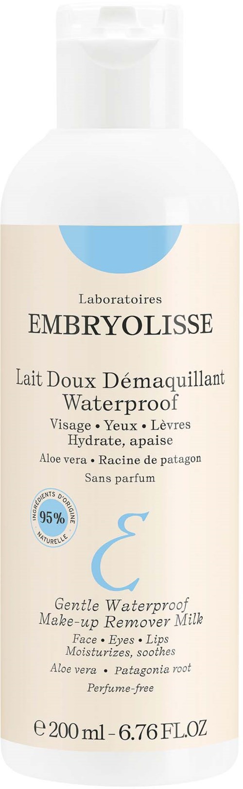 A white bottle of Embryolisse gentle waterproof makeup remover milk, 200ml, with blue and beige label featuring text.