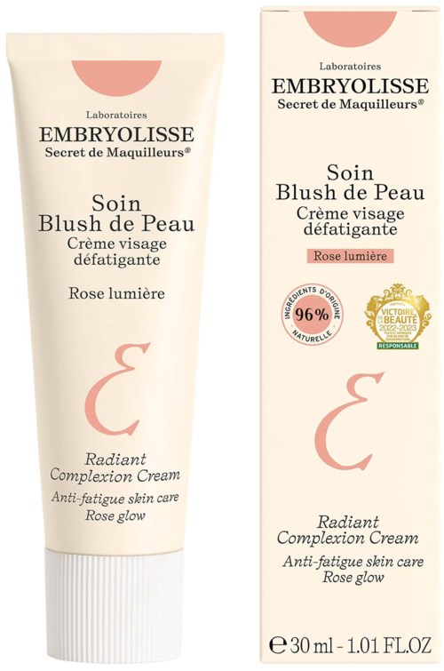 A tube and box of Embryolisse face cream with rose light scent, claiming to boost skin glow and fight fatigue.