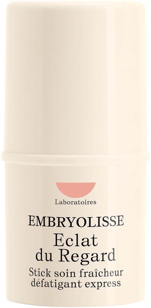En hvit beholder med svart og rød tekst, merket 'EMBRYOLISSE Eclat du Regard' for øyepleie.