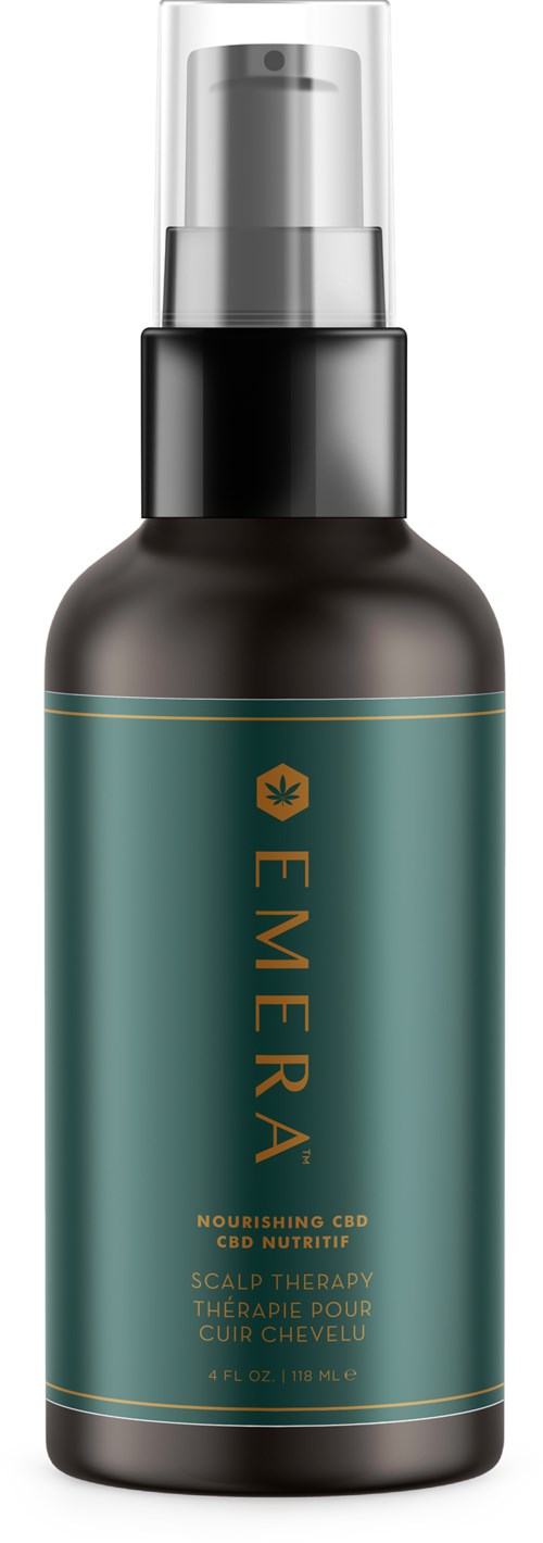 A teal bottle with a pump, labeled "Emera CBD" for scalp therapy and hair care.