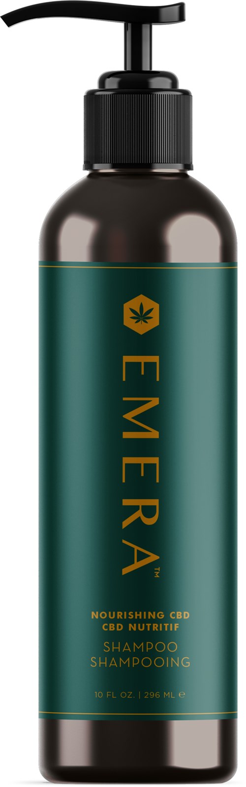 Dark bottle with a pump, label says 'Emerá Nourishing CBD Shampoo' in green and yellow colors.