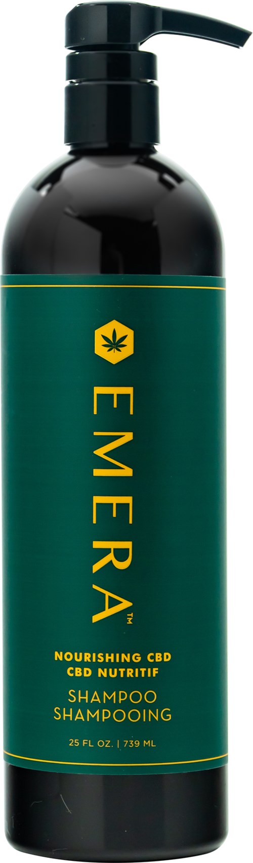 A green bottle with a black pump says 'EMERA Nourishing CBD Nutritif Shampoo'.