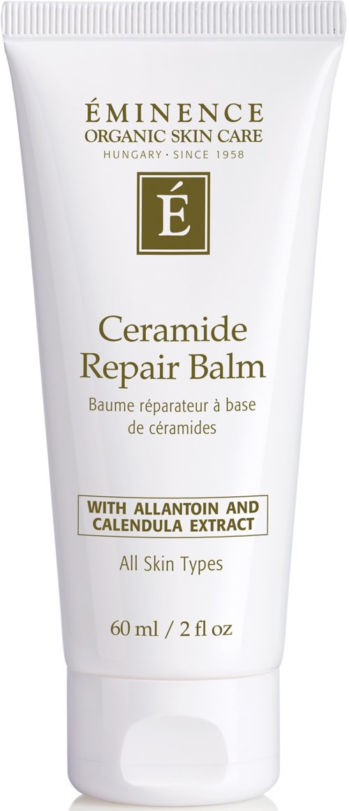 En vit tub märkta Eminence Ceramide Repair Balm, med guldtext och detaljer, för alla hudtyper, innehåller 60 ml.