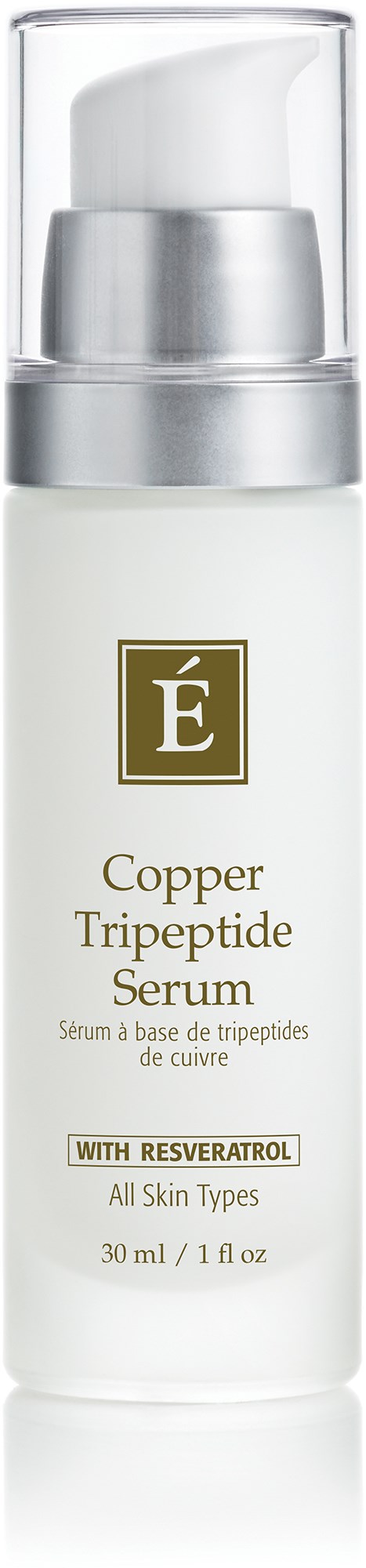 En hudvårdflaska med pump, märkt koppar tripeptidserum för alla hudtyper, innehåller 30 ml.
