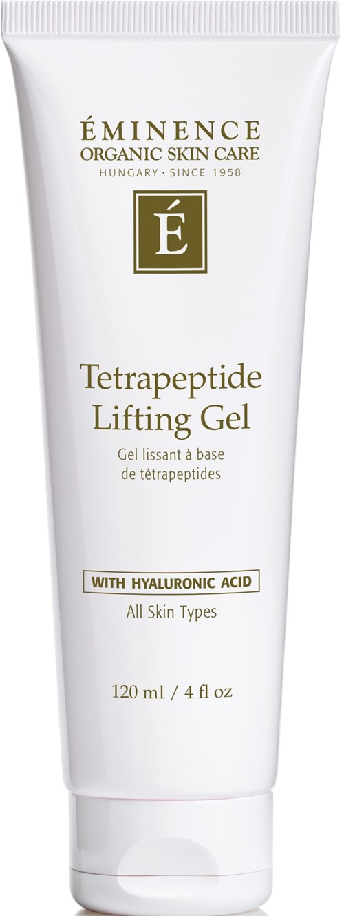 En vit tub med hudvårdsgele med guld- och svart text, märkt Éminence Tetrapeptide Lifting Gel med hyaluronsyra.