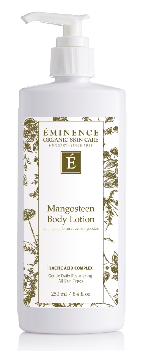 Valkoinen pumppupullo, etiketti näyttää Eminence-merkin, tuote Mangosteen Body Lotion, 250 ml, luonnollinen ihonhoito.