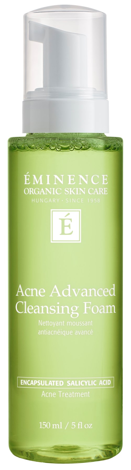 Vihreä pullo Éminence-kosmetiikkaa, jossa on valkoinen pumppu ja lukee 'Acne Advanced Cleansing Foam.'