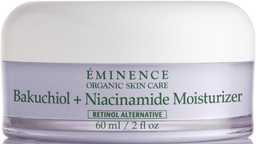 Eminence hoitoveden purkki, jossa vihreä ja violetti teksti, merkittynä Bakuchiol ja Niacinamide Moisturizer.