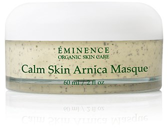 Eminence Calm Skin Arnica Masque -rasia etiketti ja vihreä teksti.