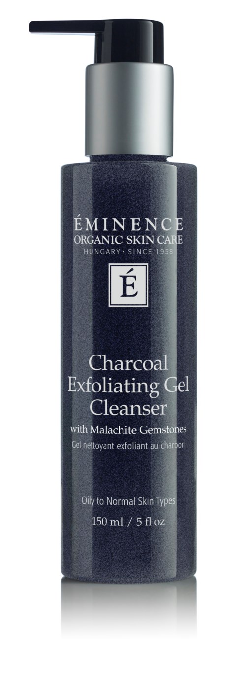 En mørk flaske med pumpe inneholder Éminence Charcoal Exfoliating Gel Cleanser med edelstener, for normal hud.
