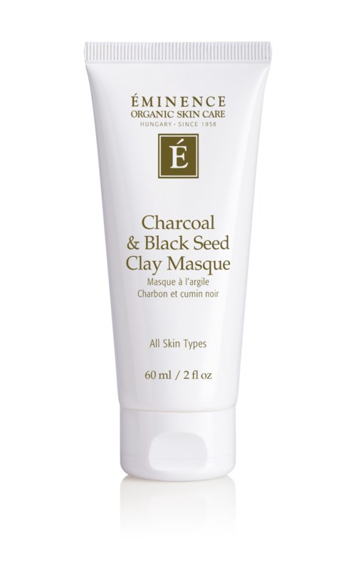 A white tube of Éminence Charcoal & Black Seed Clay Masque for all skin types, 60ml/2 fl oz.