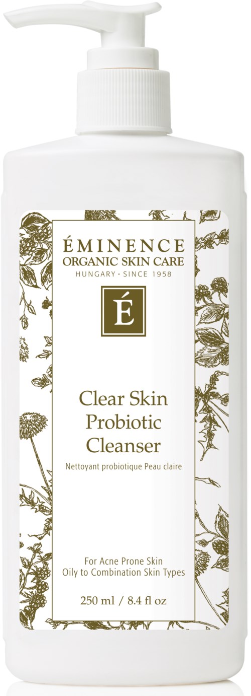 A white bottle with a pump labeled Eminence Organic Skin Care Clear Skin Probiotic Cleanser for acne-prone, oily, and combination skin.