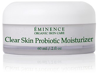 Valkoinen purkki Eminence Clear Skin Probiotic Moisturizer -voiteella.