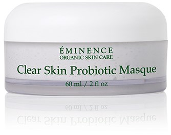 En vit burk med texten 'Éminence Clear Skin Probiotic Masque' i grönt, innehållande hudvårdsprodukt.