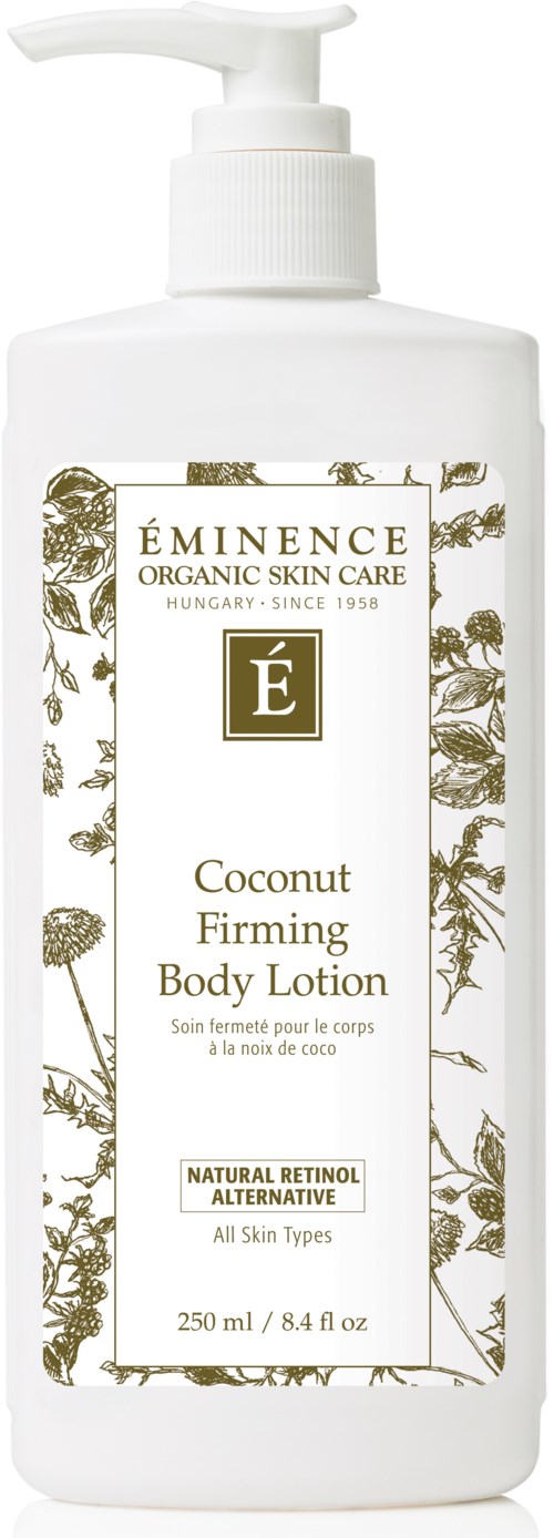 En vit flaska med pump märkt 'Eminence Coconut Firming Body Lotion' för alla hudtyper.