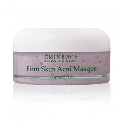 En liten burk med Éminence Firm Skin Açaí Masque med lila och vit förpackning.