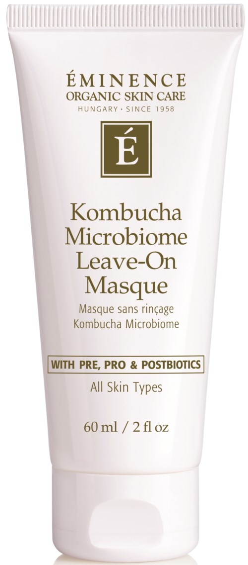 Valkoinen Eminence Kombucha Microbiome Leave-On Masque -tieri kaikille ihotyypeille, 60 ml, kultaisella ja ruskealla tekstillä ja logolla.