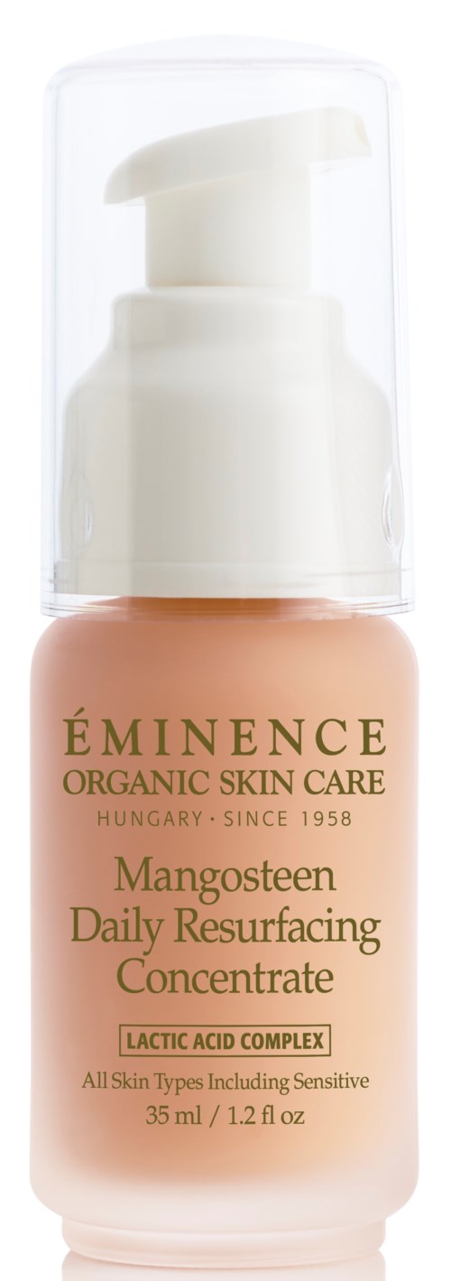Valkoinen pullo, jossa pumppupumppu ja etiketti ÉMINENCE Organic Skin Care, Mangosteen Daily Resurfacing Concentrate.
