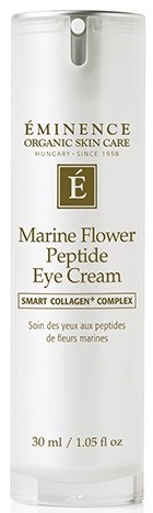 En vit flaska med pump, märkt Eminence Marine Flower Peptide Eye Cream, 30 ml, för hudvård.